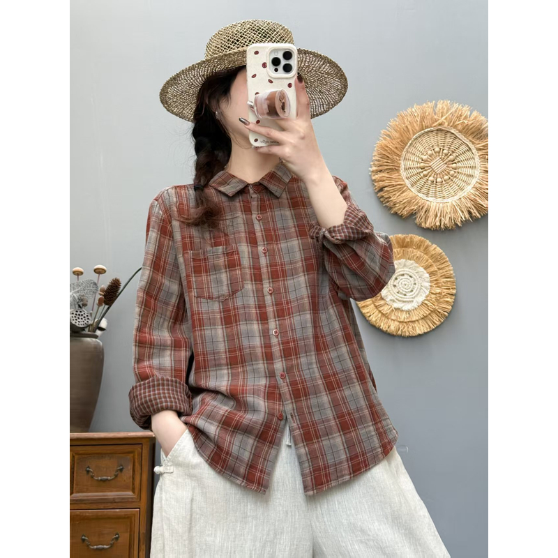 秋季双面色织纯棉格纹长袖衬衫女百搭减龄T8212