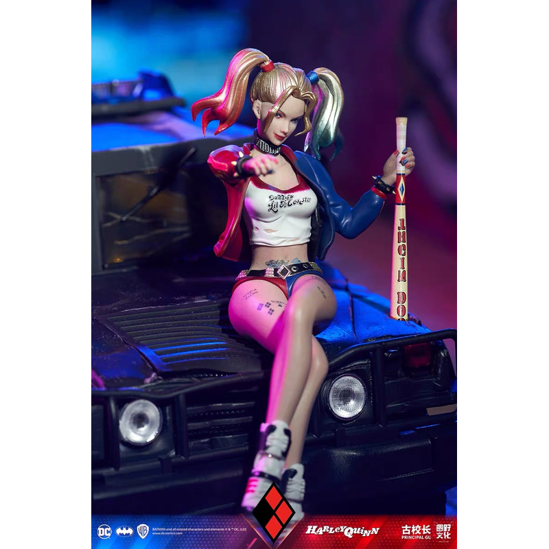 正版DC联名古校长 小丑女哈莉奎茵&战损警车猛禽小队场景手办模型