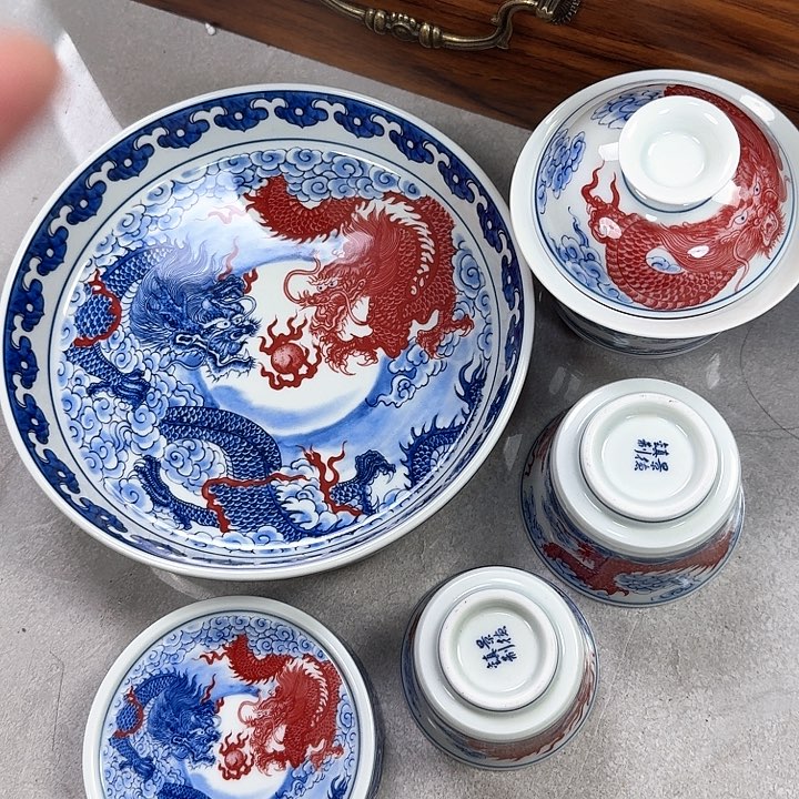 瓷片双龙戏珠5件套景德镇