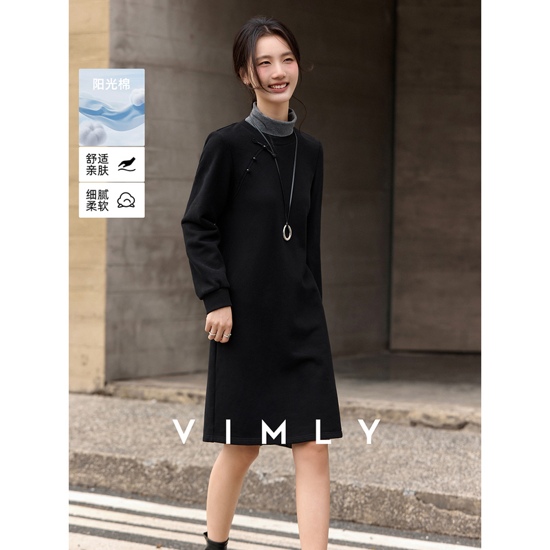 梵希蔓黑色新中式国风高领连衣裙女冬季假两件撞色直筒裙A2803