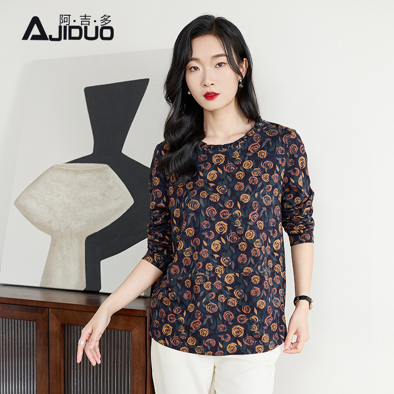 阿吉多长袖印花t恤女秋季2025新款中老年妈妈洋气时尚花边领上衣