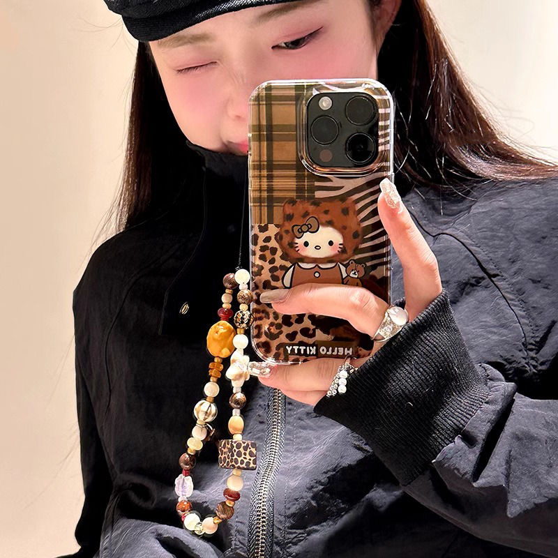 棕豹纹拼图KT猫适用苹果华为OPPOVIVO防摔小米IQOO套一加女手机壳