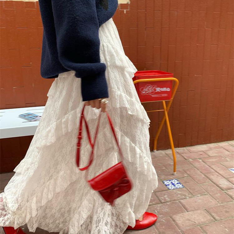 复古拼接白色半身裙女2025新款a字长裙垂感蕾丝花边蛋糕裙高腰