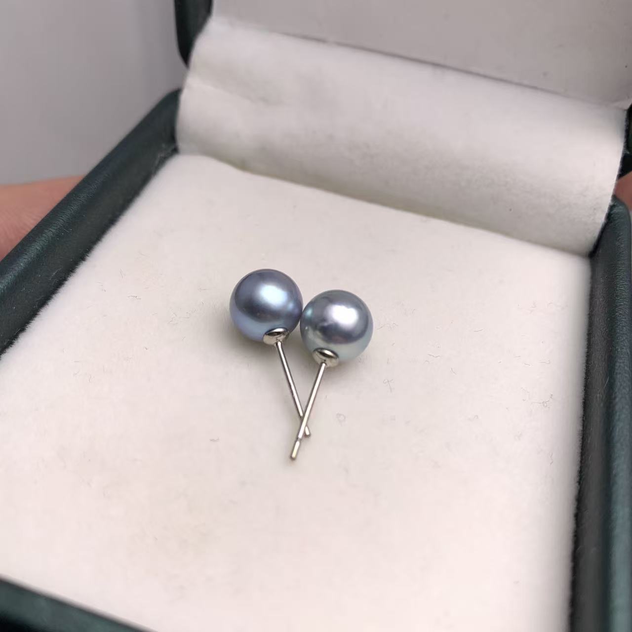 海水珍珠银蓝灯泡正圆真多麻耳钉8-9MM气质百搭简约强光炫彩DH056