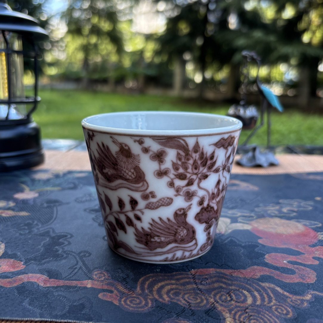 幽蓝溪堂景德镇陶瓷手工手绘仿元釉里红鸳鸯可乐杯茶杯品茗杯
