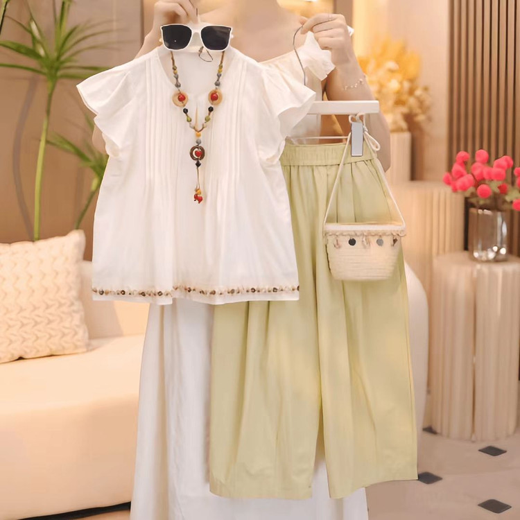 T602女童新款洋气凉感潮流穿搭复古公主小飞袖阔腿九分裤套装