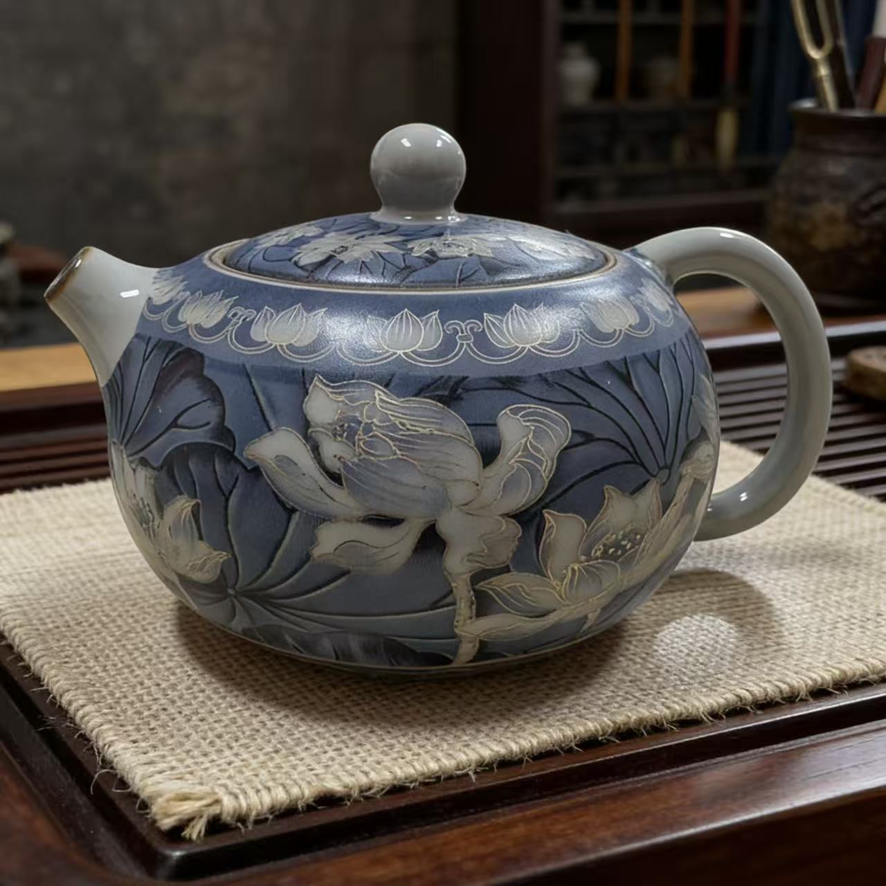 蓝彩荷花铁胎西施壶-5963-直播专享