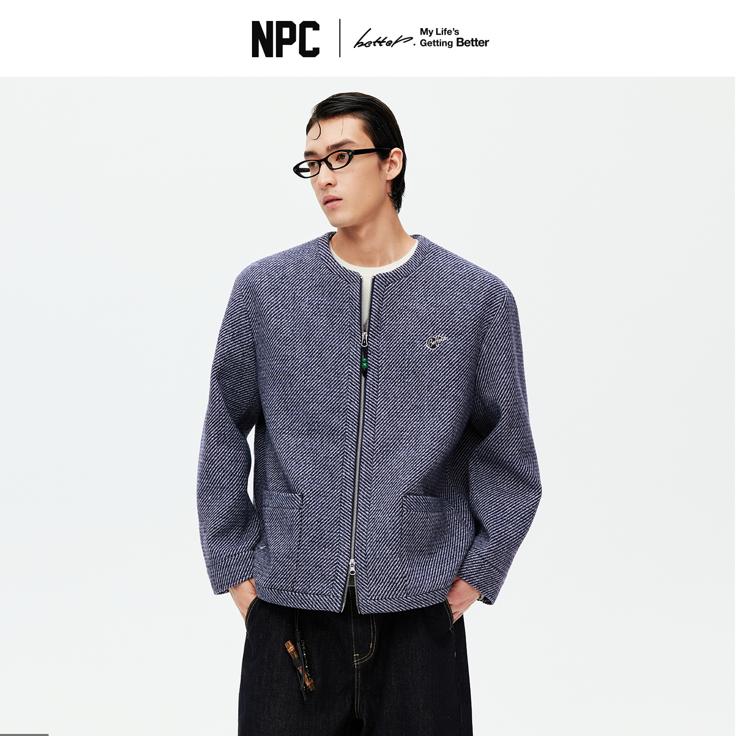 NPC潮牌【青花鹤福】新中式无领格纹拉链开衫夹克小香风NP59TJ04