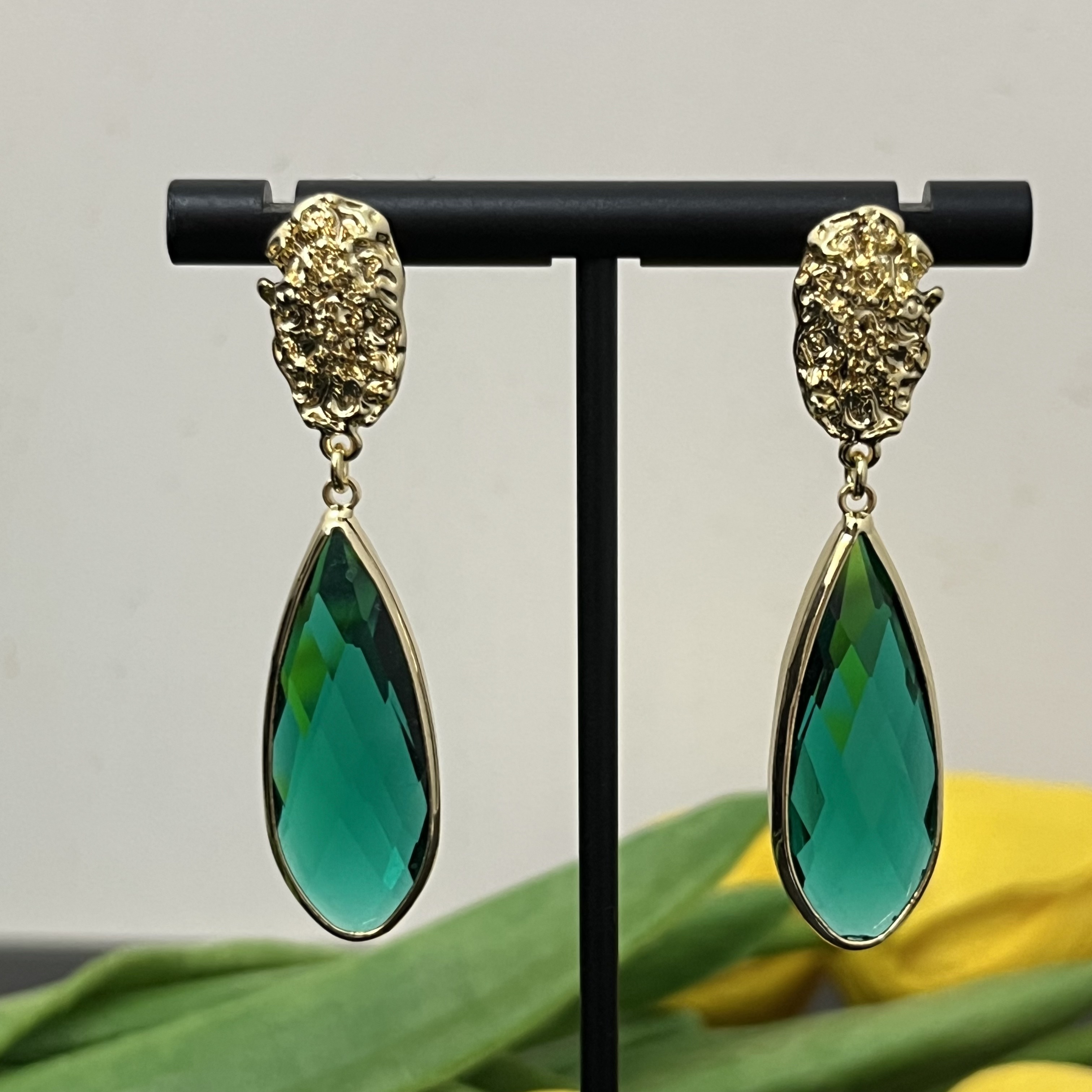 铜合金合成锆石耳饰 耳环气质原创设计精致绿色时尚百搭古风简约