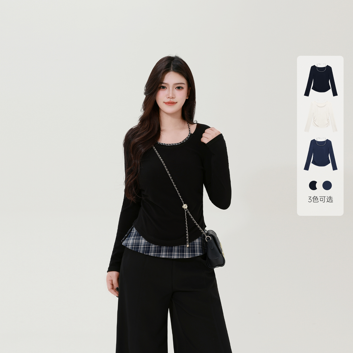 【海滨微风】蛋妹大码女装胖mm秋季方领带链条显瘦上衣DM32134