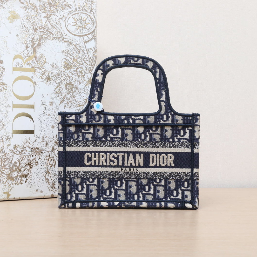 95新 DIOR/迪奥 花花Book Tote 迷你 墨蓝色 帆布 印花字母刺绣