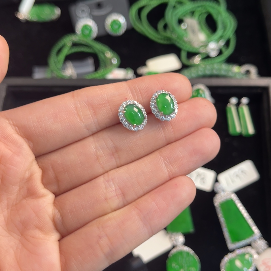 翡翠银S925镶嵌戒指蛋面耳钉