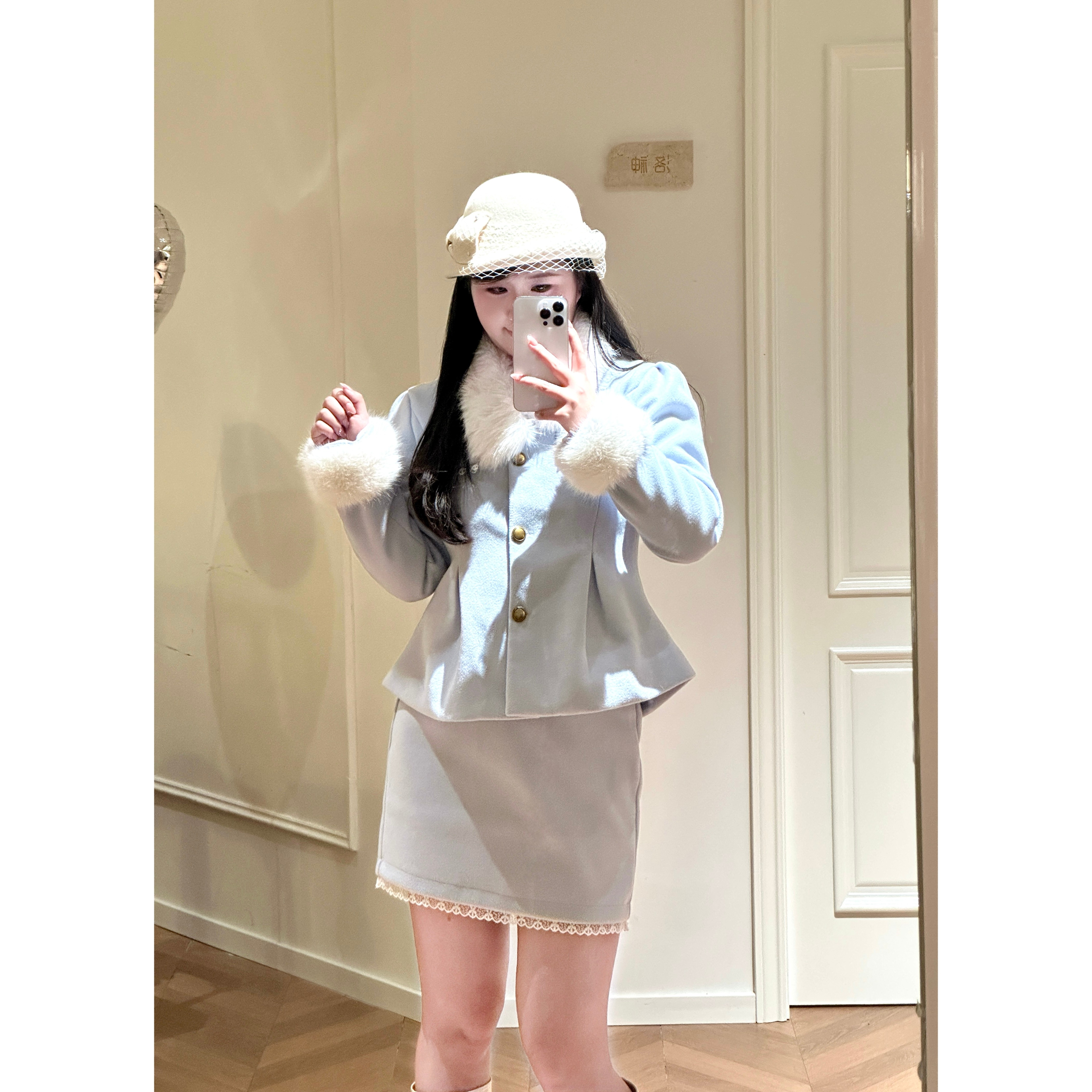 富家千金甜美小香风套装女冬季毛领外套格纹高腰半身裙两件套