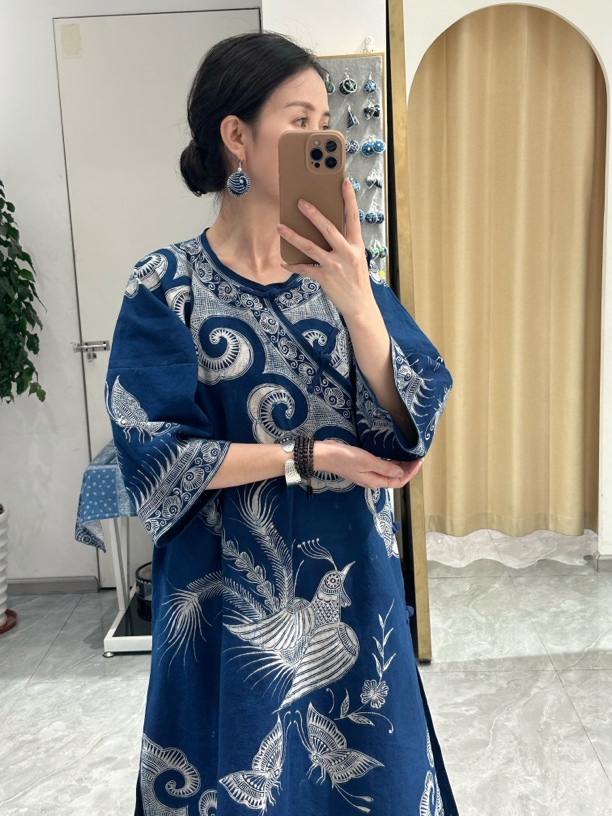 老蜡染长款斜襟八分袖四季款