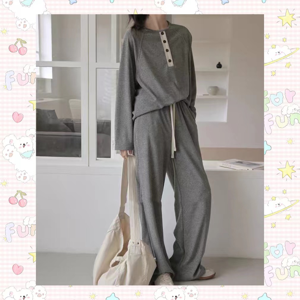 JX主播同款睡衣秋冬款简约时尚灰粉色两件套装-A047