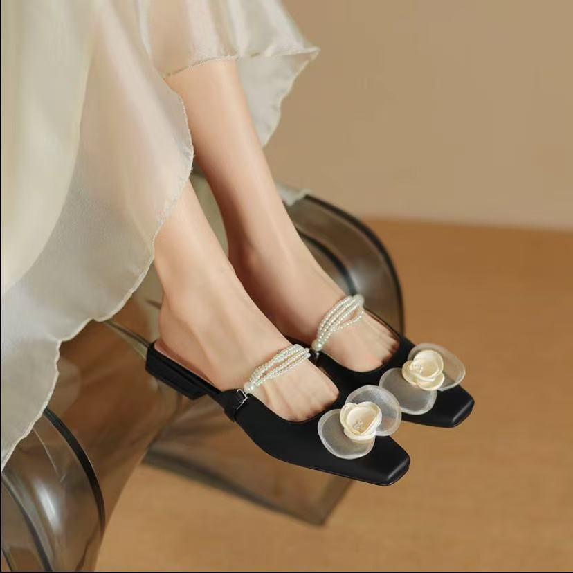 C5974 黑色  低跟包头拖鞋女2025新款时尚凉拖鞋