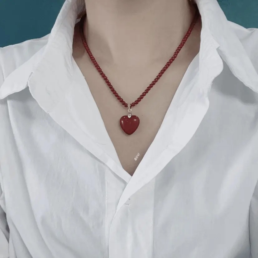 天然辰砂紫金砂全珠链爱心➕玫瑰花项链