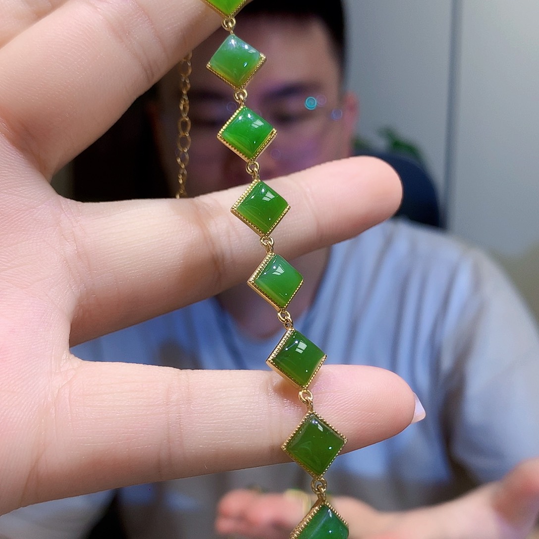 手链银S925镀金镶嵌和田玉（碧玉）