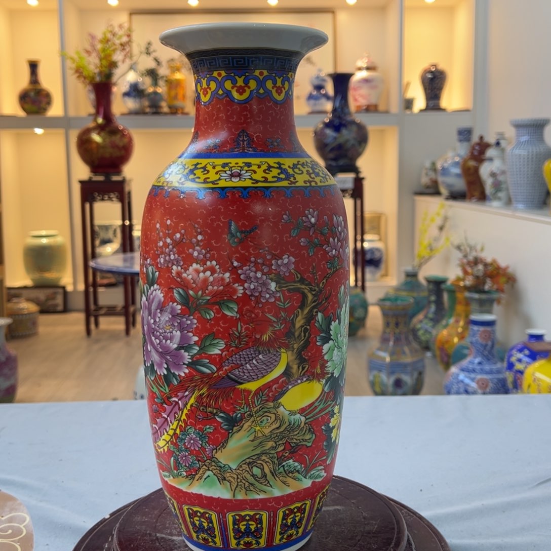 陶摆件35cm红花鸟冬瓜瓶