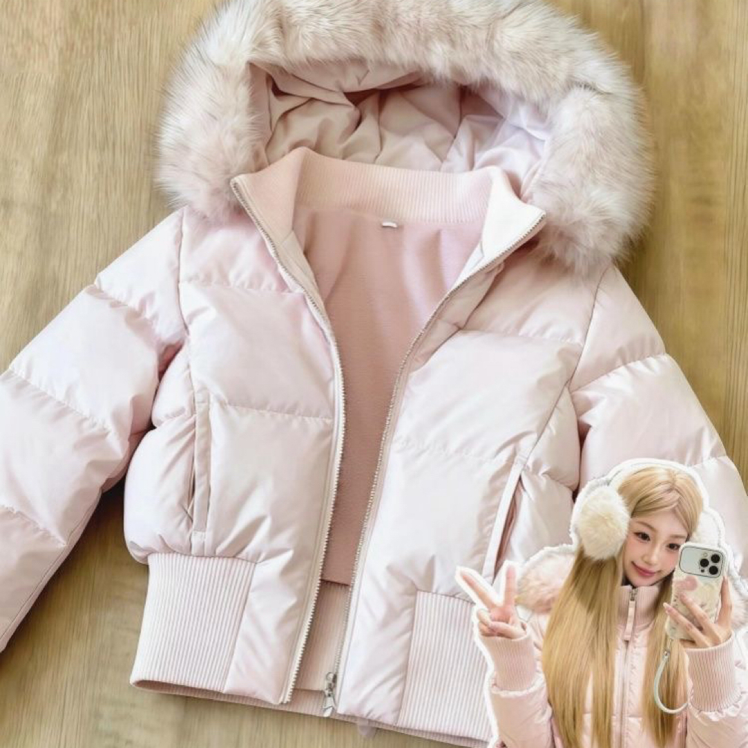 粉色大毛领女冬季韩系收腰显瘦连帽面包服外套