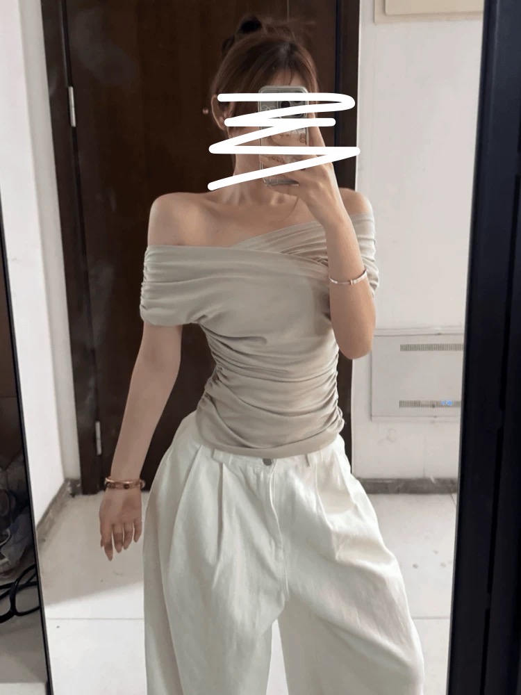 XBING 高级感收腰显瘦露肩T恤 #3661