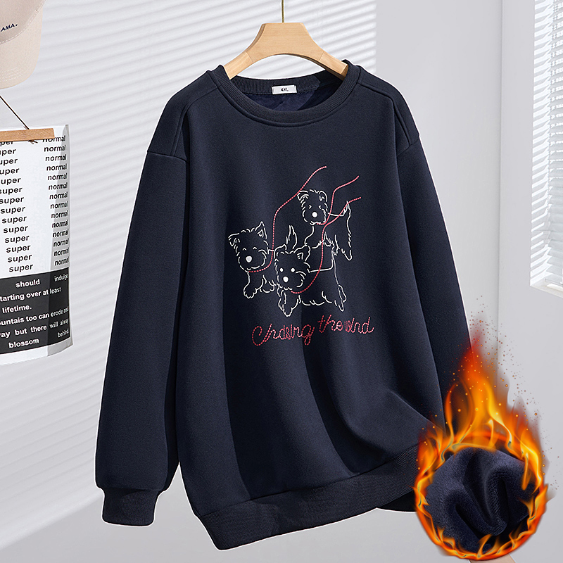 S5696秋冬款胖MM加肥长袖圆领上衣加绒印花大码女装宽松遮肉卫衣