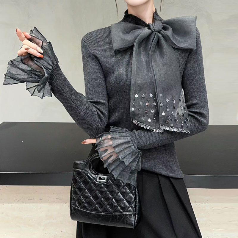 洋气打底衫蝴蝶结钉珠秋冬修身针织衫时尚气质喇叭长袖百搭毛衣