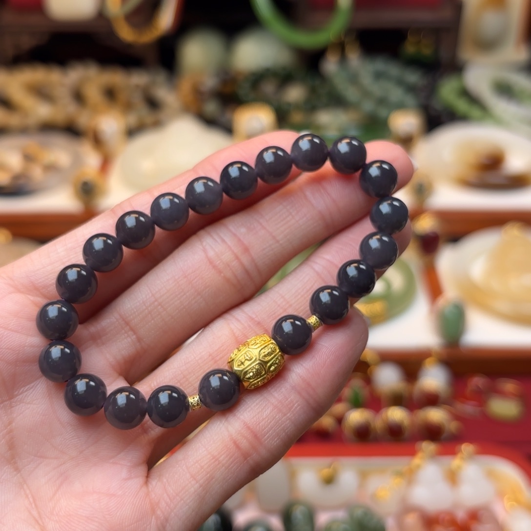 和田玉手串18K金镶嵌