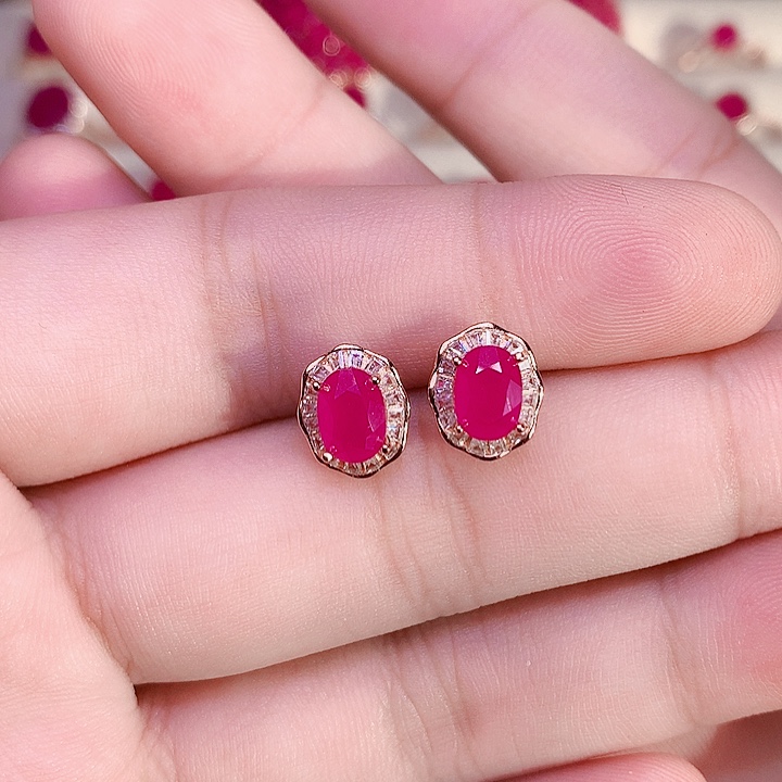 红宝石耳饰银S925镶嵌