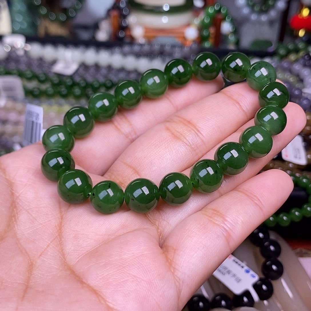 和田玉碧玉满色满绿冰底约10mm手串未镶嵌