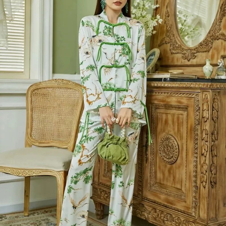 春秋新款中式长袖长裤盘扣可外穿女睡衣家居服