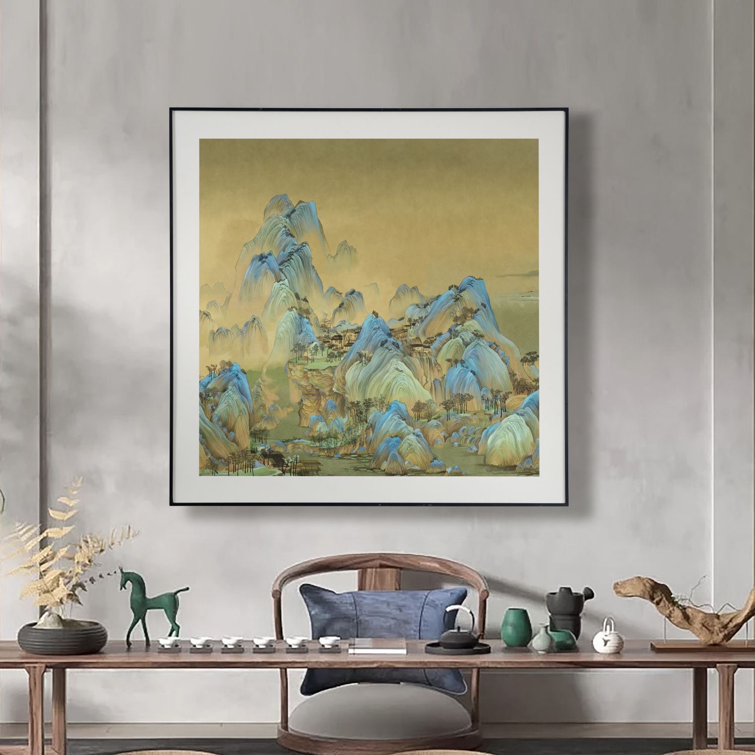 致绘描金装饰画《千里江山》方形办公室书房背景现代新中式挂画