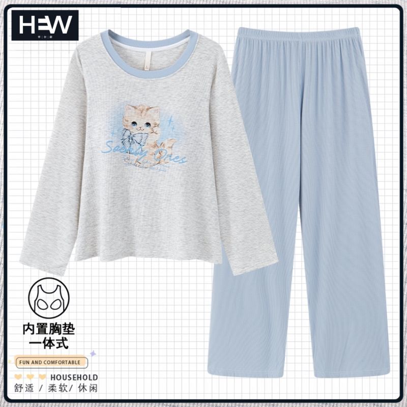 新款长袖长裤蓝色小猫带胸垫一体式女士家居服春秋季可外穿