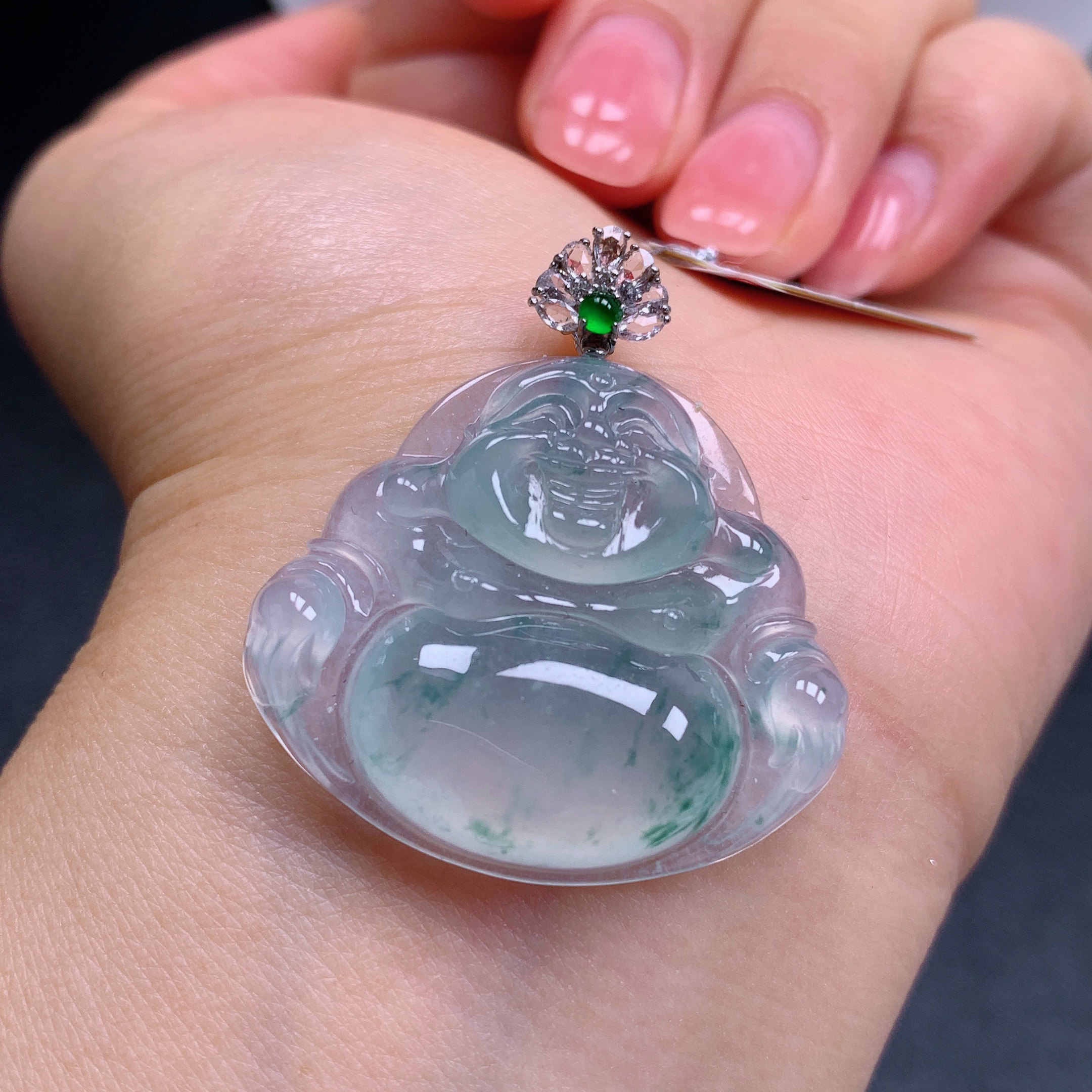 天然缅甸翡翠A货18k高冰飘花佛公气质精美尺寸36+32.3+6.5