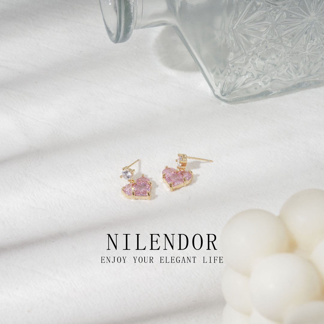 铜合金合成锆石耳饰 ES-163甜美百搭粉色爱心耳钉