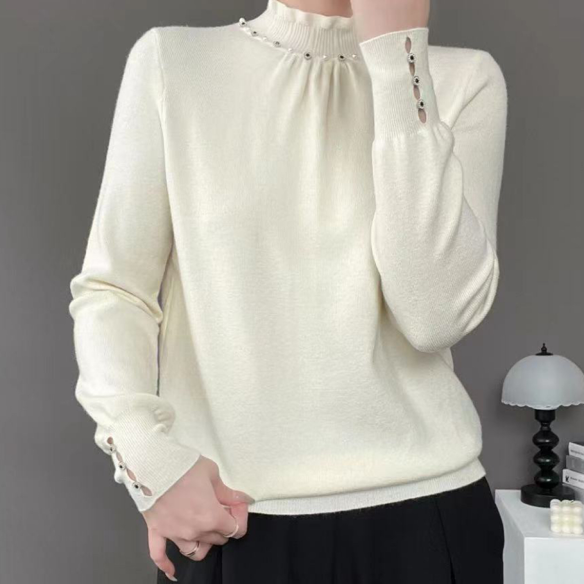 8722韩版勾花设计毛衣时尚百搭针织衫上衣女