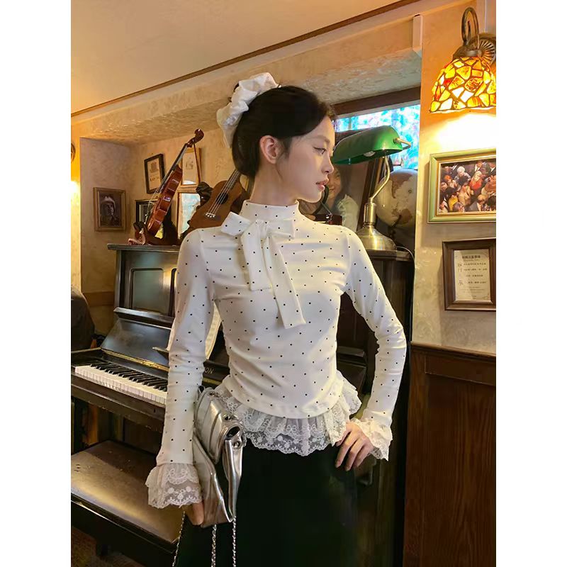 韩系波点半高领长袖T恤女2025春季新款设计感蕾丝花边蝴蝶结上衣