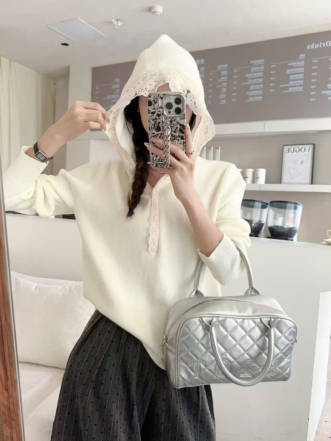 706冬季大码镂空钩花拼接连帽针织毛衣小香风轻奢时尚百搭LL