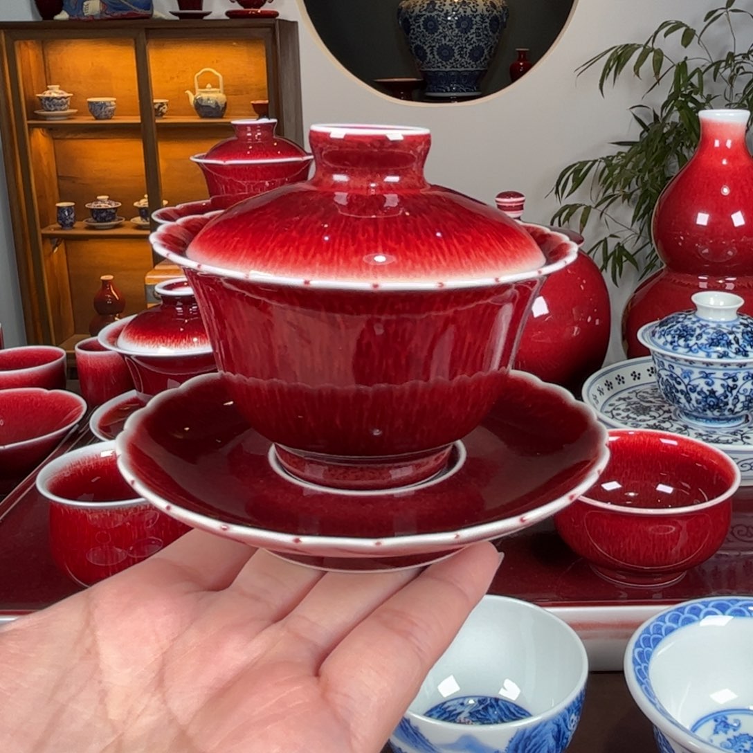 杯闻轩坊原矿郎红 花口精致盖碗100cc