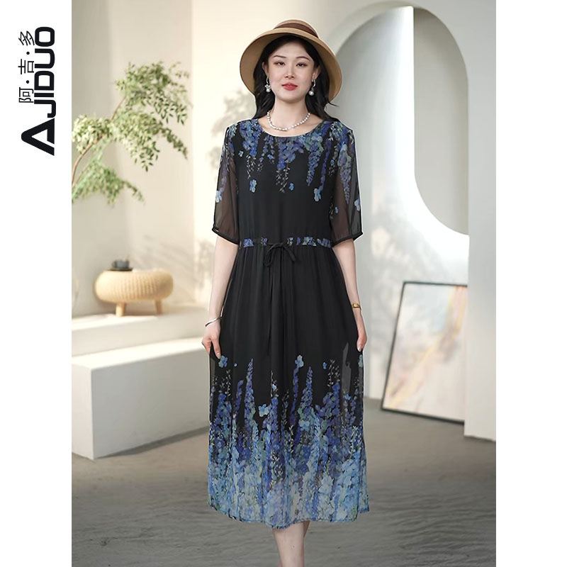 阿吉多法式端庄大气定位花连衣裙夏气质宽松阔太太既视感显瘦裙子