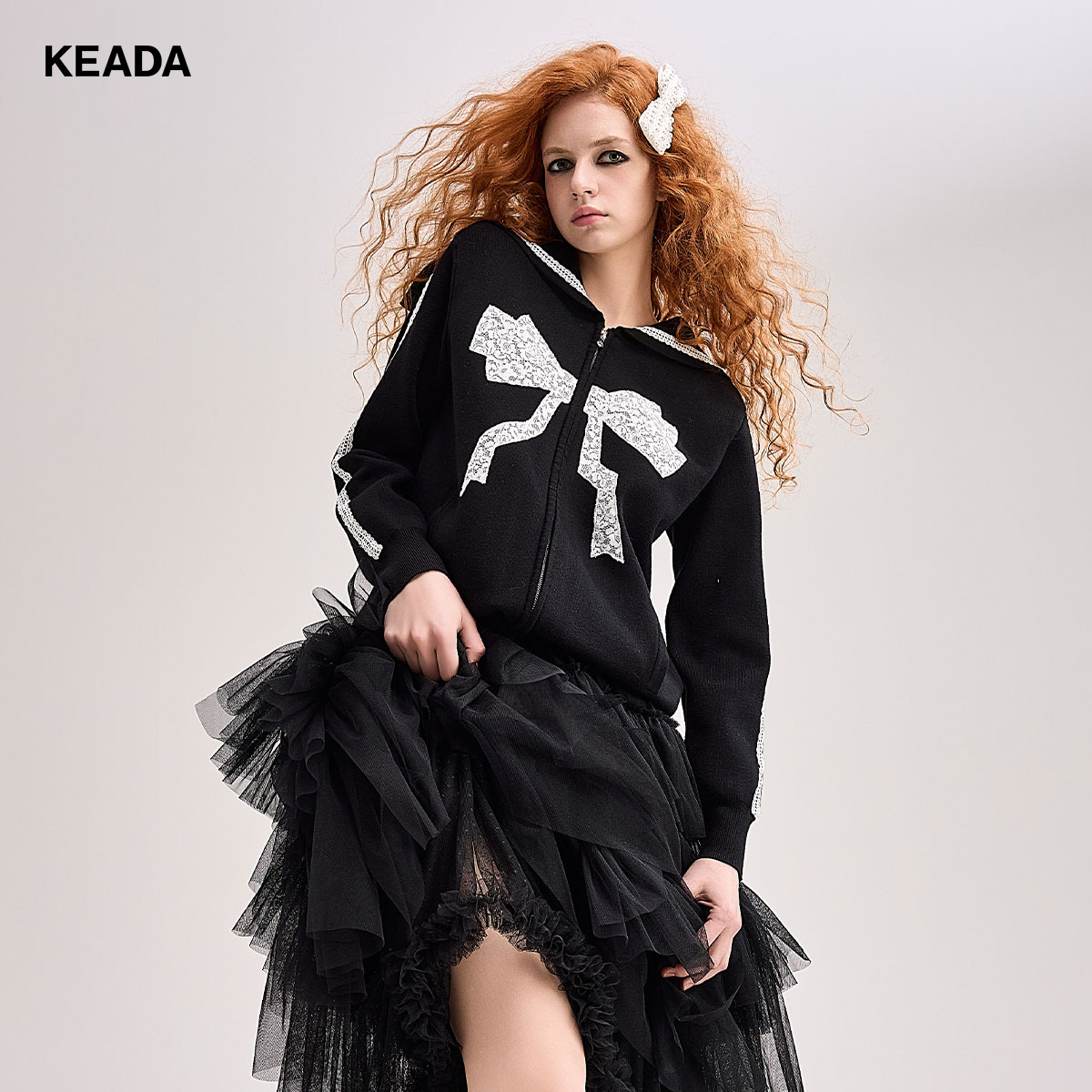 KEADA黑色大蝴蝶结拉链毛织外套女休闲时尚小众外套KSN3CA3435