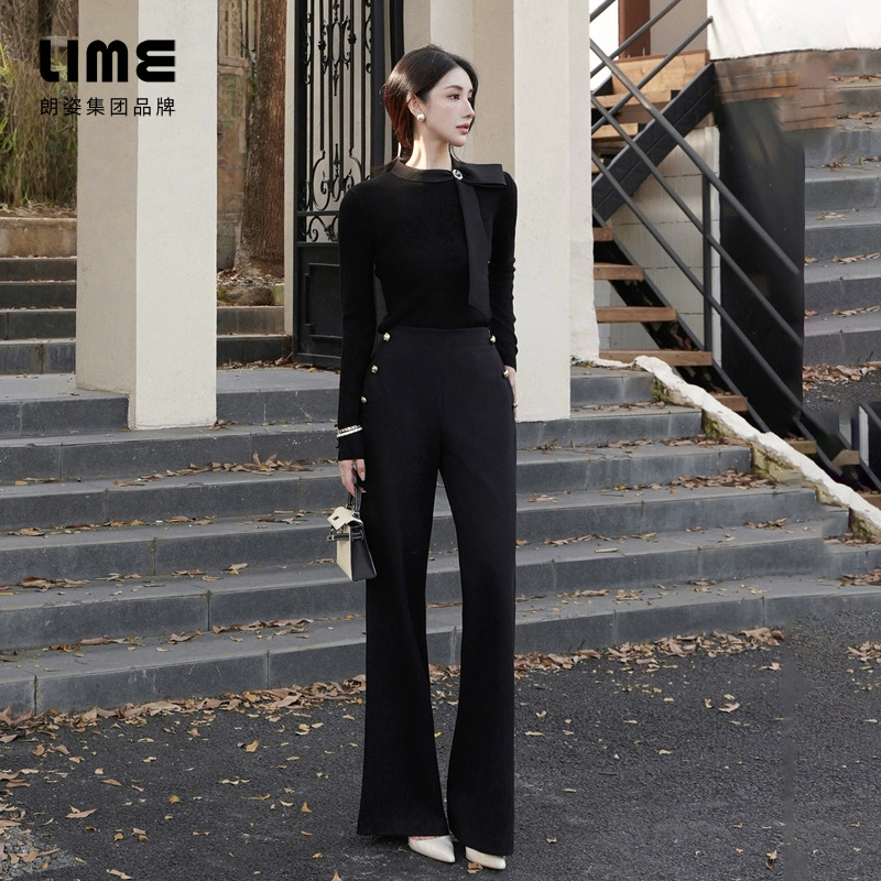 LIME/莱茵【浪漫巴黎】春夏高腰气质显瘦梭织裤子黑色LDGDOBWPT804