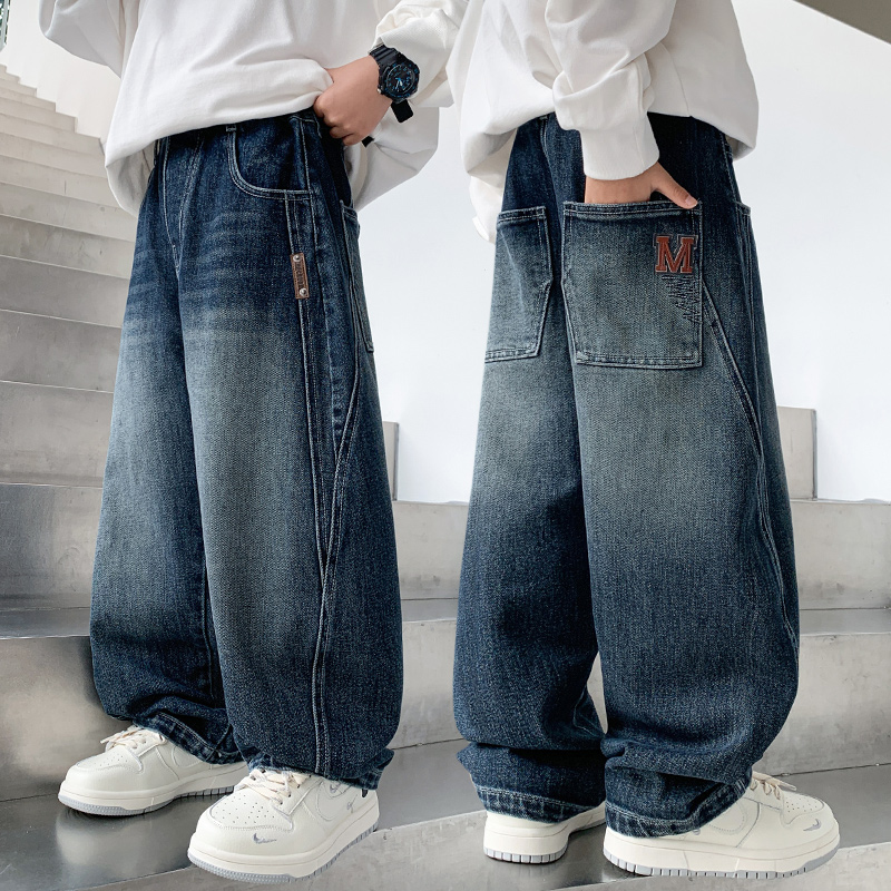 男童牛仔裤秋季2025新款中大儿童弯刀裤秋款男孩宽松休闲大码长裤