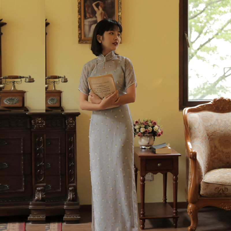 茉茉春夏季 三分连袖全开襟中长款 复古日常雪纺旗袍两件套 栀子