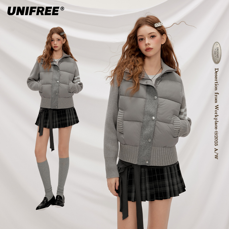 灰色加厚棉服女冬季新款拼接针织长袖修身超轻便保暖外套