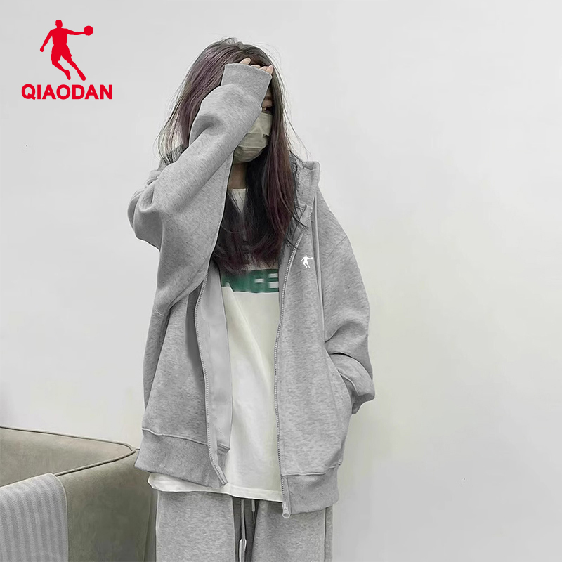 乔丹卫衣外套女款2025冬季新款官方正品潮流宽松连帽灰色运动外套