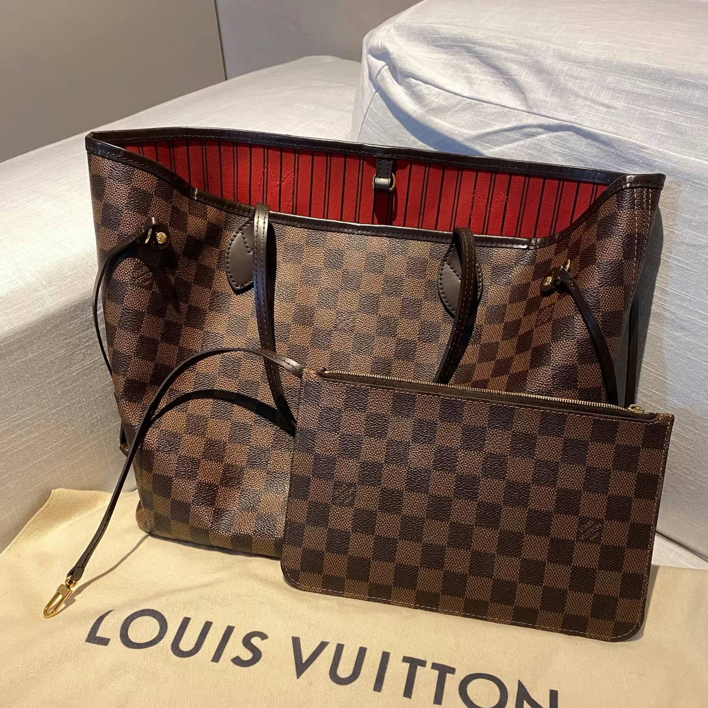 95新 LouisVuitton/路易威登 全原Neverfull棋盘格中号全套红内