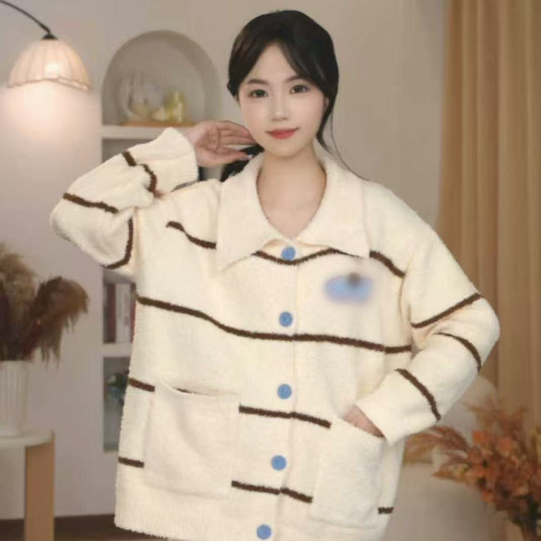 长卿【卡通条纹开衫】小众时尚设计休闲可外穿保暖睡衣家居服