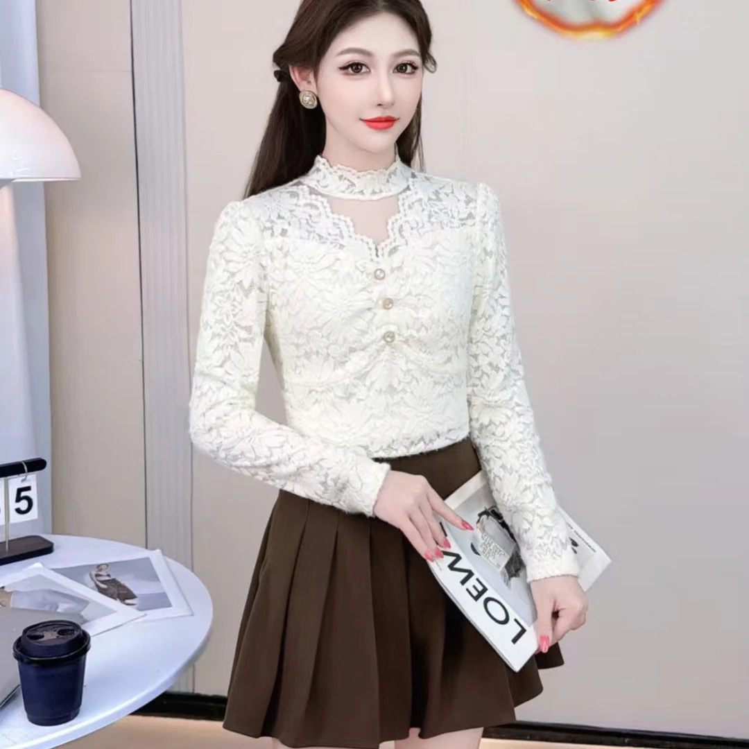 法式加绒蕾丝半高领长袖打底衫女秋冬显瘦百搭修身上衣