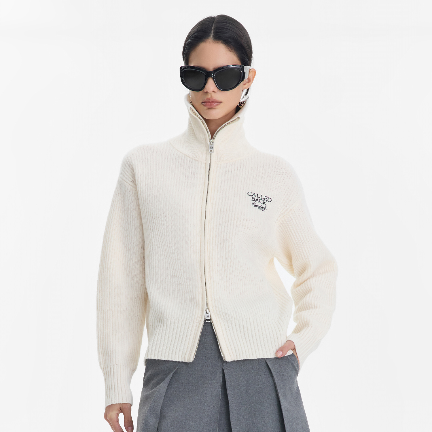 CALLED BACK秋季新款刺绣百搭翻领休闲毛衣针织开衫外套女